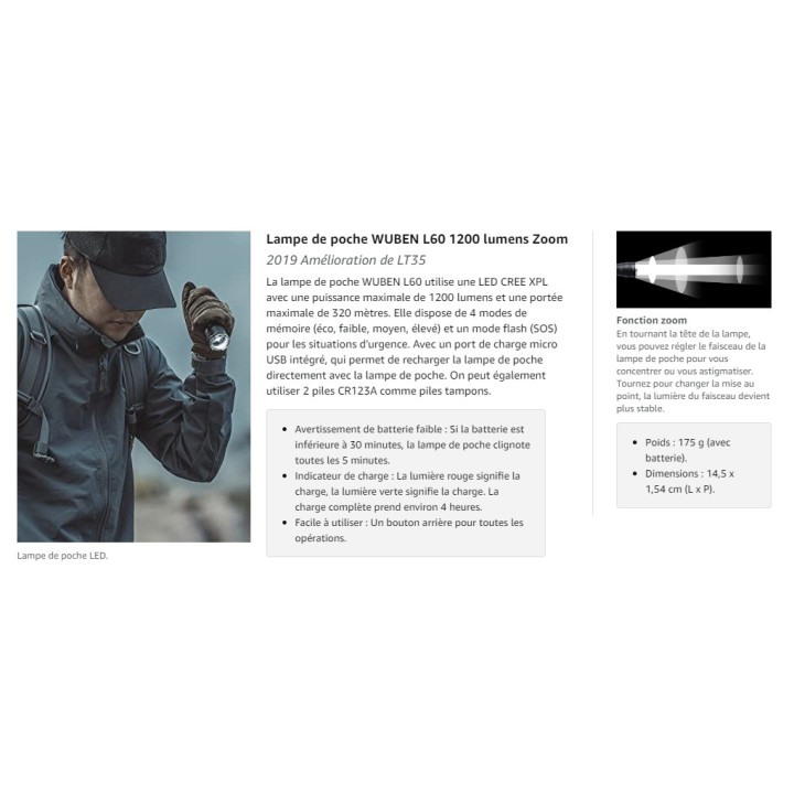 LAMPE WUBEN L60 | Lampe torche LED rechargeable 1200 lumens