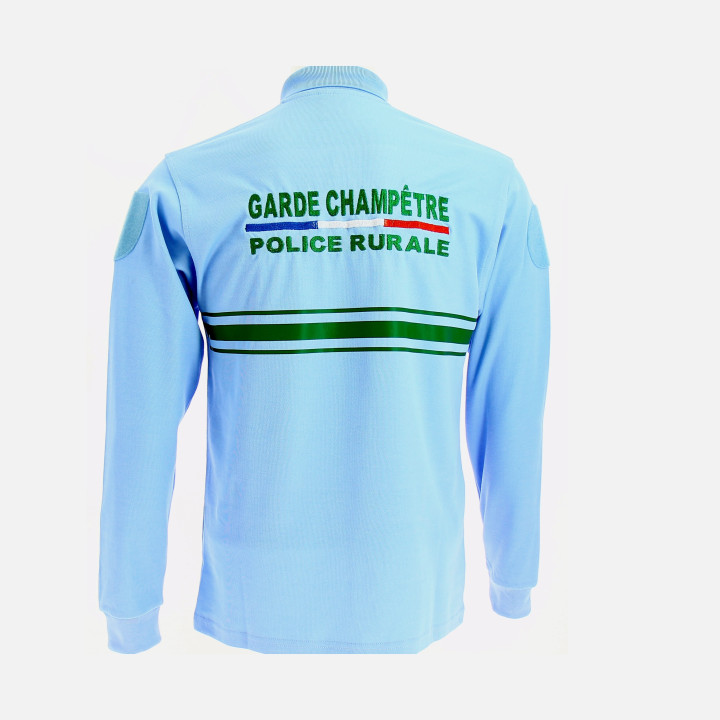 Polo double face bleu ciel manches longues personnalisé pour Police Rurale