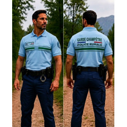Polo Bleu Ciel Homme Manches Courtes Broderie Police Rurale