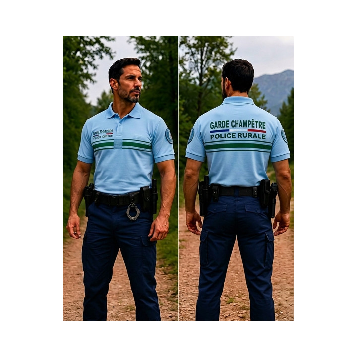 Polo Bleu Ciel Homme Manches Courtes Broderie Police Rurale