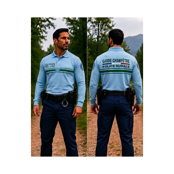Polo double face bleu ciel manches longues personnalisé pour Police Rurale